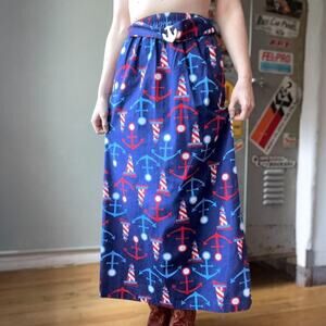 Vintage 60s Nautical Anchor Print Maxi Skirt | Blue Lighthouse A‑Line | XS/S